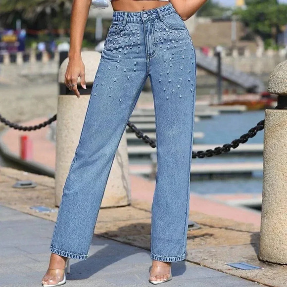Womens Rhinestone Detail High Waisted Straight Leg Jeans - Picture 6 of 6
